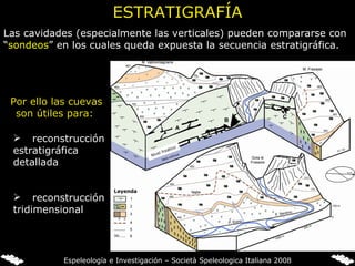 ESTRATIGRAFÍA Las cavidades (especialmente las verticales) pueden compararse con “ sondeos ” en los cuales queda expuesta la secuencia estratigráfica. Por ello las cuevas son útiles para:   reconstrucción estratigráfica detallada reconstrucción  tridimensional Espeleología e Investigación – Società Speleologica Italiana 2008 Leyenda Nivel freático 