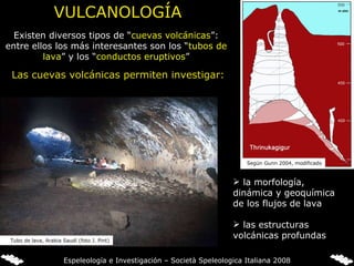VULCANOLOGÍA Existen diversos tipos de “ cuevas volcánicas ”: entre ellos los más interesantes son los “ tubos de lava ” y los “ conductos eruptivos ” Las cuevas volcánicas permiten investigar: la morfología, dinámica y geoquímica de los flujos de lava las estructuras volcánicas profundas Tubo de lava, Arabia Saudí (foto J. Pint) Según Gunn 2004, modificado Espeleología e Investigación – Società Speleologica Italiana 2008 