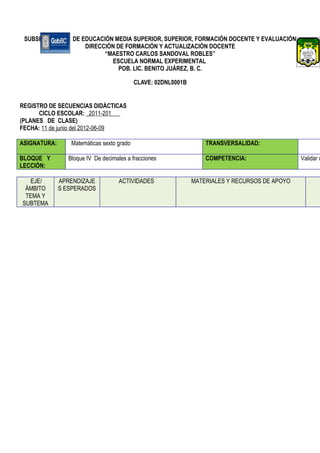 SUBSECRETARÍA DE EDUCACIÓN MEDIA SUPERIOR, SUPERIOR, FORMACIÓN DOCENTE Y EVALUACIÓN
                   DIRECCIÓN DE FORMACIÓN Y ACTUALIZACIÓN DOCENTE
                         “MAESTRO CARLOS SANDOVAL ROBLES”
                           ESCUELA NORMAL EXPERIMENTAL
                              POB. LIC. BENITO JUÁREZ, B. C.

                                            CLAVE: 02DNL0001B


REGISTRO DE SECUENCIAS DIDÁCTICAS
      CICLO ESCOLAR: _2011-201___
(PLANES DE CLASE)
FECHA: 11 de junio del 2012-06-09

ASIGNATURA:       Matemáticas sexto grado                           TRANSVERSALIDAD:

BLOQUE Y         Bloque IV De decimales a fracciones                COMPETENCIA:                 Validar c
LECCIÓN:

  EJE/        APRENDIZAJE            ACTIVIDADES                MATERIALES Y RECURSOS DE APOYO
 ÁMBITO       S ESPERADOS
 TEMA Y
SUBTEMA
 
