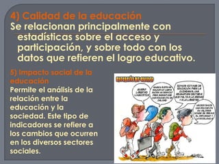4) Calidad de la educación 
Se relacionan principalmente con 
estadísticas sobre el acceso y 
participación, y sobre todo con los 
datos que refieren el logro educativo. 
5) Impacto social de la 
educación 
Permite el análisis de la 
relación entre la 
educación y la 
sociedad. Este tipo de 
indicadores se refiere a 
los cambios que ocurren 
en los diversos sectores 
sociales. 
