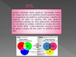 puede contener tanto gráficos vectoriales como 
de mapa de bits y lo admiten prácticamente todos 
los programas de gráficos, ilustraciones y diseño de 
páginas. Al abrir un archivo EPS con gráficos 
vectoriales creados en otra aplicación, Photoshop 
los convierte en píxeles. Admite los modos de color 
Lab, CMYK, RGB, color indexado, duotono, escala 
de grises y mapa de bits, pero no admite canales 
alfa. 
 