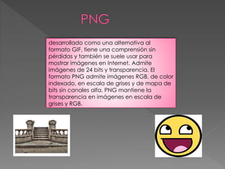 desarrollado como una alternativa al 
formato GIF, tiene una comprensión sin 
pérdidas y también se suele usar para 
mostrar imágenes en Internet. Admite 
imágenes de 24 bits y transparencia. El 
formato PNG admite imágenes RGB, de color 
indexado, en escala de grises y de mapa de 
bits sin canales alfa. PNG mantiene la 
transparencia en imágenes en escala de 
grises y RGB. 
 