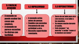 5.1 FALTA DE
ATENCIÓN
 A menudo no
puede acabar las
cosas que
empieza.
 A menudo no
parece escuchar.
 Se distrae con
facilidad.
5.2 IMPULSIVIDAD 5.3 HIPERACTIVIDAD
 A menudo actúa
antes de pensar.
 Cambia con excesiva
frecuencia de una
actividad a otra.
 Necesita supervisión
constante.
 Corre de un lado para otro
con exceso, o se sube a
los muebles.
 Se mueve mucho durante
el sueño.
 Está siempre " en
marcha" o actúa "como si
lo moviera un motor".
 