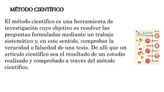 MÉTODO CIENTÍFICO
El método científico es una herramienta de
investigación cuyo objetivo es resolver las
preguntas formuladas mediante un trabajo
sistemático y, en este sentido, comprobar la
veracidad o falsedad de una tesis. De allí que un
artículo científico sea el resultado de un estudio
realizado y comprobado a través del método
científico.
 