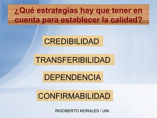 RIGOBERTO MORALES / UNI
¿Qué estrategias hay que tener en
cuenta para establecer la calidad?
CREDIBILIDAD
TRANSFERIBILIDAD
DEPENDENCIA
CONFIRMABILIDAD
 