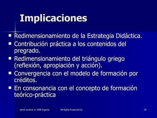 Implicaciones Redimensionamiento de la Estrategia Didáctica. Contribución práctica a los contenidos del pregrado. Redimensionamiento del triángulo griego (reflexión, apropiación y acción). Convergencia con el modelo de formación por créditos. En consonancia con el concepto de formación teórico-práctica 