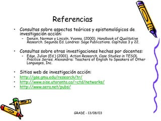 GRADE - 13/08/03
Referencias
• Consultas sobre aspectos teóricos y epistemológicos de
investigación acción:
– Denzin, Norman y Lincoln, Yvonna. (2000). Handbook of Qualitative
Research. Segunda Ed. Londres: Sage Publications. Capítulos 3 y 22.
• Consultas sobre otras investigaciones hechas por docentes:
– Edge, Julian (Ed.) (2001). Action Research. Case Studies in TESOL
Practice Series. Alexandria: Teachers of English to Speakers of Other
Languages, Inc.
• Sitios web de investigación acción:
• http://gse.gmu.edu/research/tr/
• http://www.oise.utoronto.ca/~ctd/networks/
• http://www.aera.net/pubs/
 