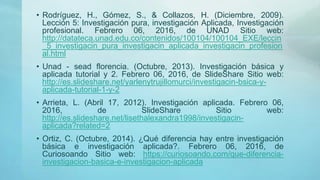 • Rodríguez, H., Gómez, S., & Collazos, H. (Diciembre, 2009).
Lección 5: Investigación pura, investigación Aplicada, Investigación
profesional. Febrero 06, 2016, de UNAD Sitio web:
http://datateca.unad.edu.co/contenidos/100104/100104_EXE/leccin
_5_investigacin_pura_investigacin_aplicada_investigacin_profesion
al.html
• Unad - sead florencia. (Octubre, 2013). Investigación básica y
aplicada tutorial y 2. Febrero 06, 2016, de SlideShare Sitio web:
http://es.slideshare.net/yarlenytrujillomurci/investigacin-bsica-y-
aplicada-tutorial-1-y-2
• Arrieta, L. (Abril 17, 2012). Investigación aplicada. Febrero 06,
2016, de SlideShare Sitio web:
http://es.slideshare.net/lisethalexandra1998/investigacin-
aplicada?related=2
• Ortiz, C. (Octubre, 2014). ¿Qué diferencia hay entre investigación
básica e investigación aplicada?. Febrero 06, 2016, de
Curiosoando Sitio web: https://curiosoando.com/que-diferencia-
investigacion-basica-e-investigacion-aplicada
 