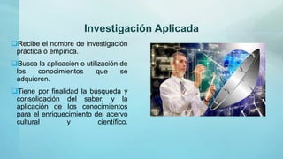 Investigación Aplicada
Recibe el nombre de investigación
práctica o empírica.
Busca la aplicación o utilización de
los conocimientos que se
adquieren.
Tiene por finalidad la búsqueda y
consolidación del saber, y la
aplicación de los conocimientos
para el enriquecimiento del acervo
cultural y científico.
 