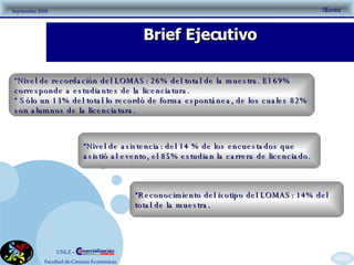 Brief Ejecutivo Nivel de recordación del LOMAS: 26% del total de la muestra. El 69% corresponde a estudiantes de la licenciatura.  Sólo un 13% del total lo recordó de forma espontánea, de los cuales 82% son alumnos de la licenciatura. Nivel de asistencia: del 14 % de los encuestados que asistió al evento, el 85% estudian la carrera de licenciado. Reconocimiento del isotipo del LOMAS: 14% del total de la muestra. 