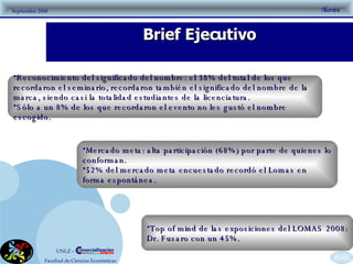 Brief Ejecutivo Reconocimiento del significado del nombre: el 38% del total de los que recordaron el seminario, recordaron también el significado del nombre de la marca, siendo casi la totalidad estudiantes de la licenciatura.  Sólo a un 8% de los que recordaron el evento no les gustó el nombre escogido. Mercado meta: alta participación (68%) por parte de quienes lo conforman.  52% del mercado meta encuestado recordó el Lomas en forma espontánea.  Top of mind de las exposiciones del LOMAS 2008: Dr. Fusaro con un 45%. Reconocimiento del significado del nombre: el 38% del total de los que recordaron el seminario, recordaron también el significado del nombre de la marca, siendo casi la totalidad estudiantes de la licenciatura.  Sólo a un 8% de los que recordaron el evento no les gustó el nombre escogido. Mercado meta: alta participación (68%) por parte de quienes lo conforman.  52% del mercado meta encuestado recordó el Lomas en forma espontánea.  Top of mind de las exposiciones del LOMAS 2008: Dr. Fusaro con un 45%. 