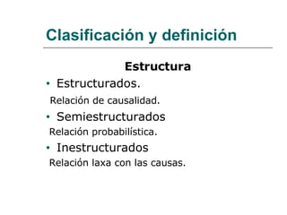 Clasificación y definición Estructura Estructurados. Relación de causalidad. Semiestructurados Relación probabilística. Inestructurados Relación laxa con las causas. 