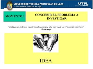 MOMENTO 1 CONCEBIR EL PROBLEMA A  INVESTIGAR “ Nada es tan poderoso en este mundo como una idea expresada  en el momento oportuno” Victor Hugo IDEA 