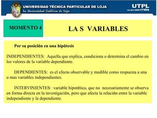 LA S  VARIABLES MOMENTO 4 Por su posici ó n en una hip ó tesis INDEPENDIENTES:  Aquella que explica, condiciona o determina el cambio en los valores de la variable dependiente. DEPENDIENTES:  es el efecto observable y medible como respuesta a una o mas variables independientes. INTERVINIENTES:  variable hipot é tica, que no  necesariamente se observa en forma directa en la investigaci ó n, pero que afecta la relaci ó n entre la variable  independiente y la dependiente. 