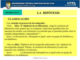 CLASIFICACI Ó N Con  relaci ó n al proceso de investigaci ó n  : Nula  (Ho):  O  hip ó tesis de no diferencia,  niega la existencia de diferencias entre grupos que se comparan. “ representa igualdad entre las muestras de estudio, con referencia a la relaci ó n que se pretende probar entre la variable independiente y dependiente ” [1] . Ejem:   La frecuencia de  retinopat í a es igual  entre un grupo de diab é ticos y no diab é ticos. Alterna  (Ha):   Hip ó tesis de investigaci ó n adicionales a las  hip ó tesis de investigaci ó n original. Plantea  la existencia de diferencia (s) entre dos muestras, las variables o el universo. Ejem:   La frecuencia de retinopat í a no es igual entre un grupo de diab é ticos y no diab é ticos.   [1]   PARDO DE VELEZ, Graciela MOMENTO 5 LA  HIPÓTESIS  