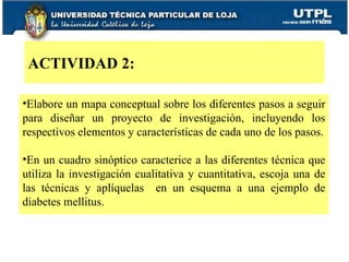 Elabore un mapa conceptual sobre los diferentes pasos a seguir para diseñar un proyecto de investigación, incluyendo los respectivos elementos y características de cada uno de los pasos. En un cuadro sinóptico caracterice a las diferentes técnica que utiliza la investigación cualitativa y cuantitativa, escoja una de las técnicas y aplíquelas  en un esquema a una ejemplo de diabetes mellitus. ACTIVIDAD 2: 