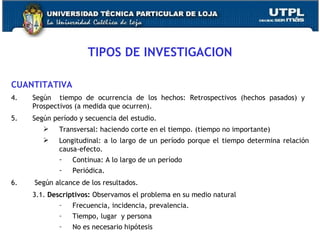 TIPOS DE INVESTIGACION CUANTITATIVA Según  tiempo de ocurrencia de los hechos: Retrospectivos (hechos pasados) y  Prospectivos (a medida que ocurren). Según período y secuencia del estudio. Transversal: haciendo corte en el tiempo. (tiempo no importante) Longitudinal: a lo largo de un período porque el tiempo determina relación causa-efecto. Continua: A lo largo de un período Periódica. Según alcance de los resultados. 3.1.  Descriptivos:  Observamos el problema en su medio natural Frecuencia, incidencia, prevalencia. Tiempo, lugar  y persona No es necesario hipótesis 