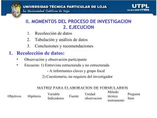 II. MOMENTOS DEL PROCESO DE INVESTIGACION 2. EJECUCION Recolección de datos Tabulación y análisis de datos Conclusiones y recomendaciones Recolección de datos: Observación y observación participante Encuesta: 1) Entrevista estructurada y no estructurada   - A informantes claves y grupo focal   2) Cuestionario, no requiere del investigador MATRIZ PARA ELABORACION DE FORMULARIOS Objetivos Hipótesis Variable Indicadores Fuente Unidad observacion Método técnica instrumento Pregunta Item 