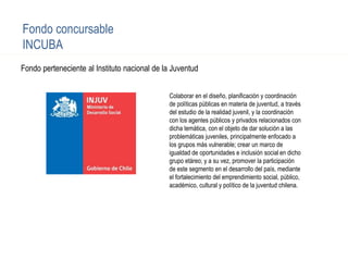 Fondo perteneciente al Instituto nacional de la Juventud
Fondo concursable
INCUBA
Colaborar en el diseño, planificación y coordinación
de políticas públicas en materia de juventud, a través
del estudio de la realidad juvenil, y la coordinación
con los agentes públicos y privados relacionados con
dicha temática, con el objeto de dar solución a las
problemáticas juveniles, principalmente enfocado a
los grupos más vulnerable; crear un marco de
igualdad de oportunidades e inclusión social en dicho
grupo etáreo; y a su vez, promover la participación
de este segmento en el desarrollo del país, mediante
el fortalecimiento del emprendimiento social, público,
académico, cultural y político de la juventud chilena.
 