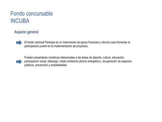 Fondo concursable
INCUBA
El fondo nacional Participa es un instrumento de apoyo financiero y técnico para fomentar la
participación juvenil en la implementación de proyectos.
Pueden presentarse iniciativas relacionadas a las áreas de deporte, cultura, educación,
participación social, liderazgo, medio ambiente (ahorro energético), recuperación de espacios
públicos, prevención y empleabilidad.
Aspecto general
 