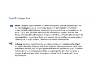 Especificación por área
Raíces: tiene por objeto fomentar la participación juvenil en el desarrollo del país por
medio del apoyo financiero y técnico a proyectos de participación comunitaria y
rescate de la identidad indígena, que tengan como beneficiarios, personas jóvenes de
entre 15 y 29 años. Las áreas a financiar son: Cosmovisión Indígena (cultura, arte,
danza, entre otros)Rescate ancestral (lengua, costumbres, entre otros)Recuperación de
espacio público y comunitario Deporte de pueblos originarios Jóvenes emprendedores
Desarrollo de la mujer indígena Desarrollo sustentable en comunidad
Inclusivo: tiene por objeto fomentar la participación juvenil en el desarrollo del país
por medio del apoyo financiero y técnico a proyectos ideados por jóvenes o que vayan
en beneficio de éstos, que busquen promover el ejercicio de derechos y una ciudadanía
inclusiva a través de iniciativas orientadas al respeto por los derechos humanos, la
equidad de género, la inclusión de personas en situación de discapacidad y la no
discriminación.
 