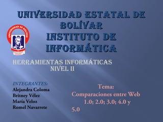 UNIVERSIDAD EESSTTAATTAALL DDEE 
BBOOLLÍÍVVAARR 
IINNSSTTIITTUUTTOO DDEE 
IINNFFOORRMMÁÁTTIICCAA 
HERRAMIENTAS INFORMÁTICAS 
NIVEL II 
INTEGRANTES: 
Alejandra Coloma 
Britney Vélez 
María Veloz 
Romel Navarrete 
Tema: 
Comparaciones entre Web 
1.0; 2.0; 3.0; 4.0 y 
5.0 
 
