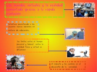 Los mundos virtuales y la realidad
aumentada gracias a la rápida
evolución
Intuitivas permitiendo a los
usuarios nuevas opciones en
materia de educación.
los límites entre el tiempo
personal y laboral entre la
realidad física y virtual se
difuminen
Al impacto y los cambios en el
desarrollo de la sociedad.
 