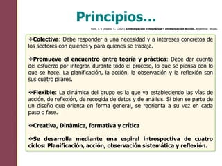 Colectiva: Debe responder a una necesidad y a intereses concretos de
los sectores con quienes y para quienes se trabaja.
Promueve el encuentro entre teoría y práctica: Debe dar cuenta
del esfuerzo por integrar, durante todo el proceso, lo que se piensa con lo
que se hace. La planificación, la acción, la observación y la reflexión son
sus cuatro pilares.
Flexible: La dinámica del grupo es la que va estableciendo las vías de
acción, de reflexión, de recogida de datos y de análisis. Si bien se parte de
un diseño que orienta en forma general, se reorienta a su vez en cada
paso o fase.
Creativa, Dinámica, formativa y crítica
Se desarrolla mediante una espiral introspectiva de cuatro
ciclos: Planificación, acción, observación sistemática y reflexión.
Principios…
Yuni, J. y Urbano, C. (2005) Investigación Etnográfica – Investigación Acción. Argentina: Brujas.
 