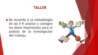 TALLER
 De acuerdo a la metodología
de las 4 P, analice y consigne
los datos importantes para el
análisis de la investigación
del trabajo.
 