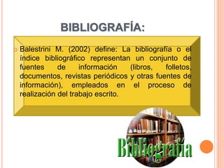 BIBLIOGRAFÍA:
 Balestrini M. (2002) define: La bibliografía o el
índice bibliográfico representan un conjunto de
fuentes de información (libros, folletos,
documentos, revistas periódicos y otras fuentes de
información), empleados en el proceso de
realización del trabajo escrito.
 