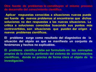 Otra  fuente  de  problemas lo constituyen  el  mismo  proceso de desarrollo del conocimiento científico. Aplicar  respuestas conocidas a situaciones nuevas puede  ser fuente  de  nuevos problemas al encontrarse que  dichas  soluciones no den respuestas a las nuevas situaciones. La  crítica a soluciones conocidas buscando sus puntos más controvertidos, son  situaciones  que  pueden dar origen  a  nuevos  problemas científicos. El  problema  surge como resultado del diagnóstico de  la  situación del objeto en que se manifiesta un conjunto de fenómenos y hechos no explicables. El  problema  científico debe ser formulado en  los  conceptos propios de la ciencia, partiendo del sistema de  conocimientos científicos,  donde se precisa de forma clara el objeto de  la investigación. 