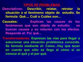 TIPOS DE PROBLEMAS . Descriptivos:   Describir, relatar, retratar la situación o el fenómeno objeto de  estudio. Se formula: Qué..., Cuál o Cuáles son... Causales:   Explican las causas de los fenómenos que son objeto de estudio;  se buscan causas y su relación con los efectos. Responde al: Por qué... Transformadores:   Expresan las vías para llegar a solucionar una situación problémica conocida. Se formula mediante el: Cómo...Hay que tener en cuenta que sólo se llega al cómo si se conoce el qué y el por qué. 