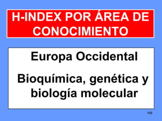 109109109
H-INDEX POR ÁREA DE
CONOCIMIENTO
Europa Occidental
Bioquímica, genética y
biología molecular
 