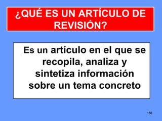 156156156
Es un artículo en el que se
recopila, analiza y
sintetiza información
sobre un tema concreto
¿QUÉ ES UN ARTÍCULO DE
REVISIÓN?
 