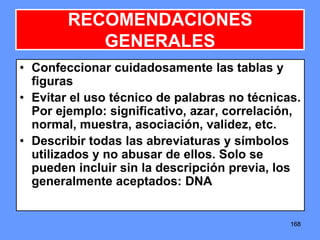 168168168
RECOMENDACIONES
GENERALES
• Confeccionar cuidadosamente las tablas y
figuras
• Evitar el uso técnico de palabras no técnicas.
Por ejemplo: significativo, azar, correlación,
normal, muestra, asociación, validez, etc.
• Describir todas las abreviaturas y símbolos
utilizados y no abusar de ellos. Solo se
pueden incluir sin la descripción previa, los
generalmente aceptados: DNA
 