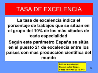 TASA DE EXCELENCIA
La tasa de excelencia indica el
porcentaje de trabajos que se sitúan en
el grupo del 10% de los más citados de
cada especialidad
Según este parámetro España se sitúa
en el puesto 21 de excelencia entre los
países con mas producción científica del
mundo
34
Félix de Moya Anegon
Base de datos Scopus
Citado en el País 20-10-2011
 