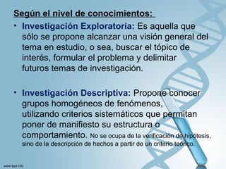Según el nivel de conocimientos:
• Investigación Exploratoria: Es aquella que
sólo se propone alcanzar una visión general del
tema en estudio, o sea, buscar el tópico de
interés, formular el problema y delimitar
futuros temas de investigación.
• Investigación Descriptiva: Propone conocer
grupos homogéneos de fenómenos,
utilizando criterios sistemáticos que permitan
poner de manifiesto su estructura o
comportamiento. No se ocupa de la verificación de hipótesis,
sino de la descripción de hechos a partir de un criterio teórico.
 