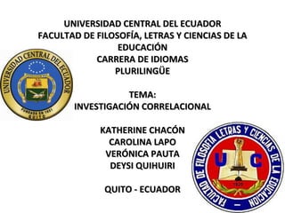 UNIVERSIDAD CENTRAL DEL ECUADOR
FACULTAD DE FILOSOFÍA, LETRAS Y CIENCIAS DE LA
EDUCACIÓN
CARRERA DE IDIOMAS
PLURILINGÜE
TEMA:
INVESTIGACIÓN CORRELACIONAL
KATHERINE CHACÓN
CAROLINA LAPO
VERÓNICA PAUTA
DEYSI QUIHUIRI
QUITO - ECUADOR

 
