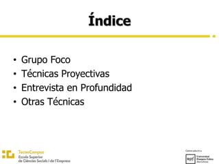 Índice
• Grupo Foco
• Técnicas Proyectivas
• Entrevista en Profundidad
• Otras Técnicas
 