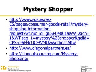 Mystery Shopper
• http://www.sgs.es/es-
ES/pages/consumer-goods-retail/mystery-
shopping-information-
request?wt.mc_id=gESP04001a&WT.srch=
1&WT.seg_1=mystery%20shopper&gclid=
CPS-q9jN4cUCFWMUwwodmasAKw
• http://www.diagonalpartners.es/
• http://ilionoutsourcing.com/Mystery-
Shopping/
 