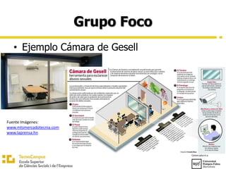 Grupo Foco
• Ejemplo Cámara de Gesell
Fuente Imágenes:
www.mtsmercadotecnia.com
www.laprensa.hn
 