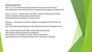 BIBLIOGRAFÍA
Vera, L. V. (s.f.). Interamericana. Recuperado el 07 de Febrero de 2016, de
http://www.ponce.inter.edu/cai/Comite-investigacion/investigacion-cualitativa.html
Blasco, J. & Pérez, J. (11 de Febrero de 2007). eumed.net. Recuperado el 07 de
Febrero de 2016, de http://www.eumed.net/tesis-
doctorales/2012/mirm/enfoque_cualitativo.html
Márquez, J. (15 de Febrero de 2012). Blogspot. Recuperado el 07 de Febrero de
2016, de
http://carpediemgrupo8.blogspot.mx/2012/02/ventajas-de-la-investigacion.html
Díaz, P. (05 de Noviembre de 2005). Scribd. Obtenido de Scribd:
http://www.scribd.com//Ejemplo. Investigación
Pita Fernández. (22 de Mayo de 2002). Fisterra. Obtenido de
http://www.fisterra.com/mbe/investiga/cuanti_cuali/cuanti_cuali2.pdf
 