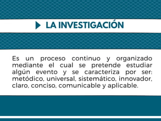 Es un proceso continuo y organizado
mediante el cual se pretende estudiar
algún evento y se caracteriza por ser:
metódico, universal, sistemático, innovador,
claro, conciso, comunicable y aplicable.
LA INVESTIGACIÓN
 