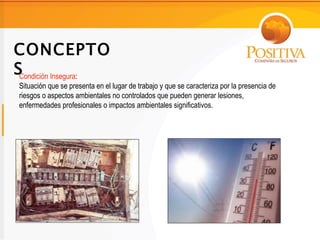 CONCEPTO
SCondición Insegura:
 Situación que se presenta en el lugar de trabajo y que se caracteriza por la presencia de
 riesgos o aspectos ambientales no controlados que pueden generar lesiones,
 enfermedades profesionales o impactos ambientales significativos.
 