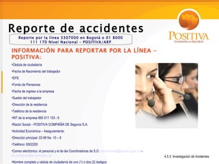 Reporte de accidentes
     Reporte por la línea 3307000 en Bogotá o 01 8000
          111 170 Nivel Nacional – POSITIVA/ARP

INFORMACIÓN PARA REPORTAR POR LA LÍNEA -
POSITIVA:
•Cédula de ciudadanía
•Fecha de Nacimiento del trabajador
•EPS
•Fondo de Pensiones
•Fecha de ingreso a la empresa
•Sueldo del trabajador
•Dirección de la residencia
•Teléfono de la residencia
•NIT de la empresa 860 011 153 - 6
•Razón Social – POSITIVA COMPAÑÍA DE Seguros S.A.
•Actividad Económica – Aseguramiento
•Dirección principal: Cll 99 No. 10 – 8
•Teléfono: 6502200
•Correo electrónico: el personal y el de las Coordinadoras de S.O patricia.santa@positiva.gov.co –
luz.rodriguez@positiva.gov.co                                                                        4.5.3 Investigación de Incidentes
•Nombre completo y cédula de ciudadanía de uno (1) o dos (2) testigos
 