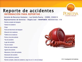 Reporte de accidentes
INFORMACIÓN PARA REPORTAR :
Gerente de Recursos Humanos – Luz Estella Puerta - CODES: 3500313
Representantes de Servicios – Ángela Leal - MANPOWER: 4053535 Ext. 110
•Nombre completo del trabajador
•Cédula de ciudadanía
•Cargo
•Fecha de Nacimiento del trabajador
•Dirección de la residencia
•Teléfono de la residencia
•Fecha y hora del accidente
•Tipo de accidente
•Lugar del accidente
•Tipo de la lesión
•Parte del cuerpo afectada
•Agente del accidente
•Mecanismo y forma del accidente
•Descripción del accidente
•Correo electrónico: personal
•Nombre completo, cédula de ciudadanía, cargo de uno (1) o dos (2) testigos   4.5.3 Investigación de Incidentes
 