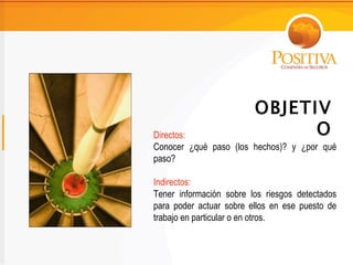 OBJETIV
Directos:                      O
Conocer ¿qué paso (los hechos)? y ¿por qué
paso?

Indirectos:
Tener información sobre los riesgos detectados
para poder actuar sobre ellos en ese puesto de
trabajo en particular o en otros.
 