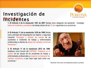 Investigación de
Incidentes
Marco legal
 1- El Artículo 4 de la resolución 1401 de 2007 Señala como obligación del aportante1 . Investigar
 todos los incidentes y accidentes de trabajo dentro de los 15 días siguientes a su ocurrencia.


 2- El Artículo 11 de la resolución 1016 de 1989 Señala
 como actividad del Subprograma de Higiene y seguridad
 industrial: “Investigar y analizar las causas de los
 accidentes e incidentes de trabajo y enfermedades
 profesionales a efectos de aplicar las medidas correctivas
 necesarias .”

 3- El Artículo 11 de la resolución 2013 de 1986
 establece como función del COPASO: “Colaborar en el
 análisis de las causas de los accidentes de trabajo y
 enfermedades profesionales y proponer al empleador las
 medidas correctivas a que haya lugar para evitar sus
 ocurrencia. “
                                                          1
                                                              Aportante: Entre otros, los empleadores públicos y privados
 