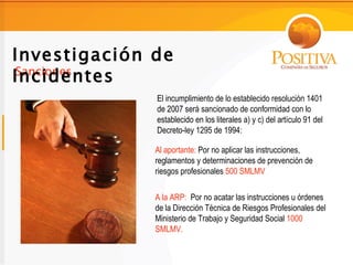Investigación de
Incidentes
Sanciones

              El incumplimiento de lo establecido resolución 1401
              de 2007 será sancionado de conformidad con lo
              establecido en los literales a) y c) del artículo 91 del
              Decreto-ley 1295 de 1994:

              Al aportante: Por no aplicar las instrucciones,
              reglamentos y determinaciones de prevención de
              riesgos profesionales 500 SMLMV

              A la ARP: Por no acatar las instrucciones u órdenes
              de la Dirección Técnica de Riesgos Profesionales del
              Ministerio de Trabajo y Seguridad Social 1000
              SMLMV.
 