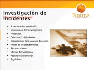 Investigación de
Incidentes
Etapas de la Investigación

  •   Acción inmediata y notificación.
  •   Nombramiento de los investigadores.
  •   Preparación.
  •   Determinación de los hechos.
  •   Establecimiento de la secuencia de eventos.
  •   Análisis de los descubrimientos.
  •   Recomendaciones.
  •   Informes de Investigación.
  •   Registro de la información.
  •   Seguimiento.
 